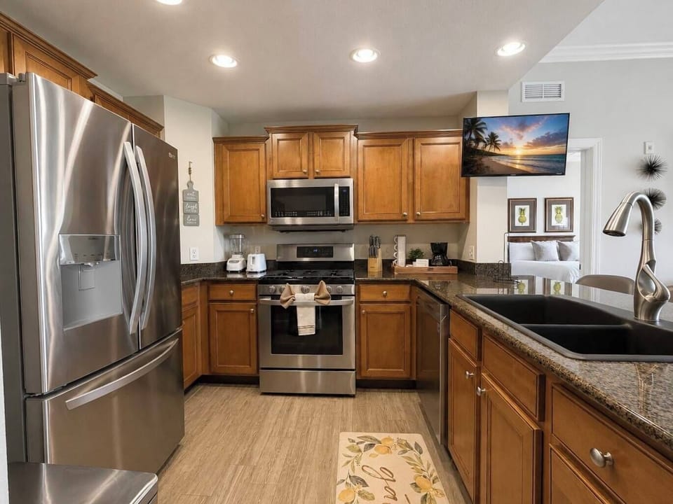 Fully equipped kitchen with stainless steel appliances