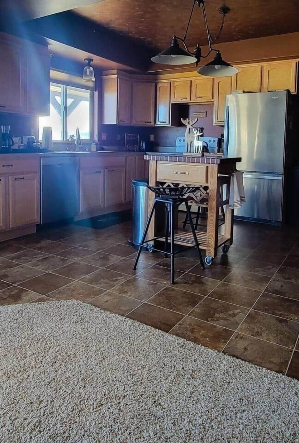 New fridge with freezer ice maker installed in 2020 has plenty of space for large meal prep or holding leftovers from local restaurants we are happy to recommend. 