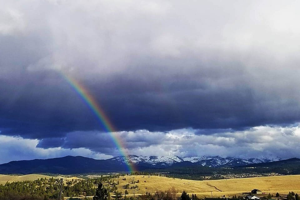 View of the Elkhorn mountains from the house. After a storm, you can often catch a double rainbow. 