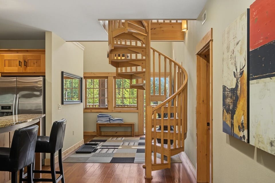 Spiral staircase to loft and bathroom
