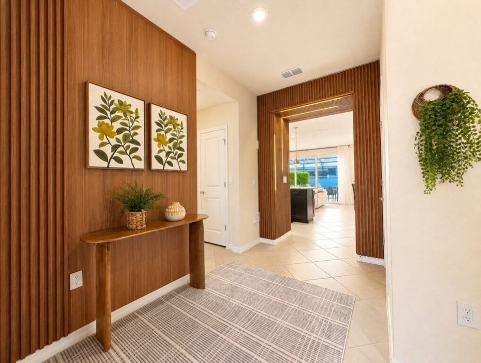 Welcoming interior hallway connecting the home's living and sleeping areas.