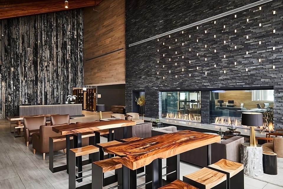 Start the evening at the bar with mountain-view ambiance