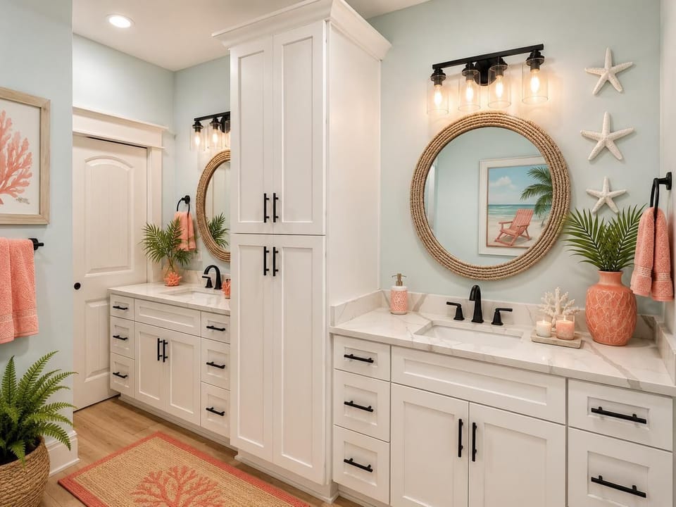 Dual vanity bathroom with marble countertops, black fixtures, round rope-framed mirror, and coral accents.