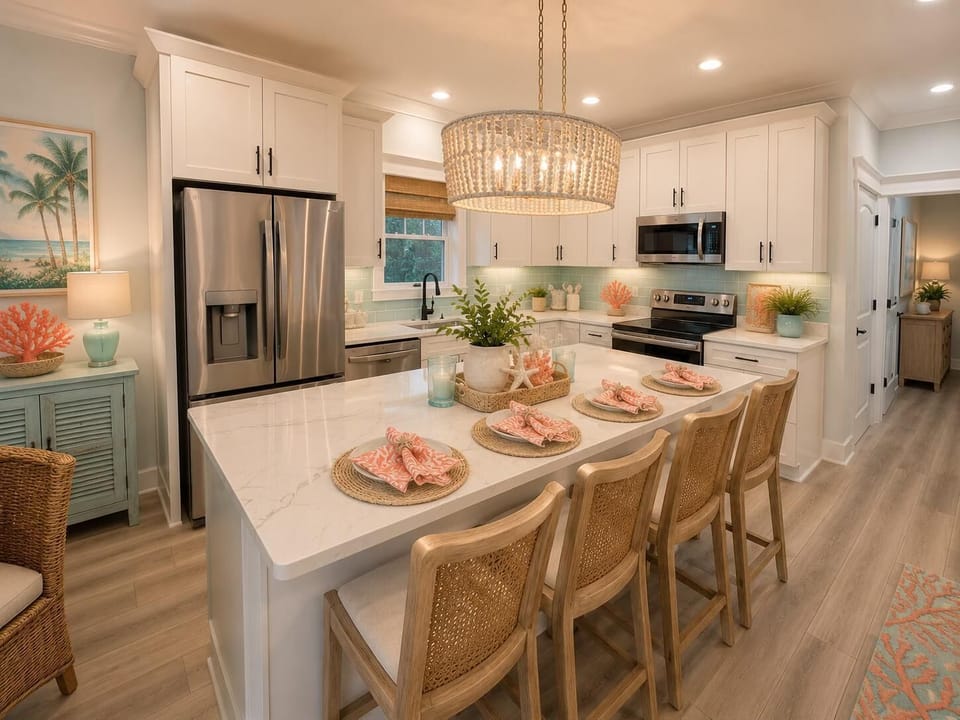 White quartz island with wicker-backed bar stools and coral-accented place settings in the kitchen.