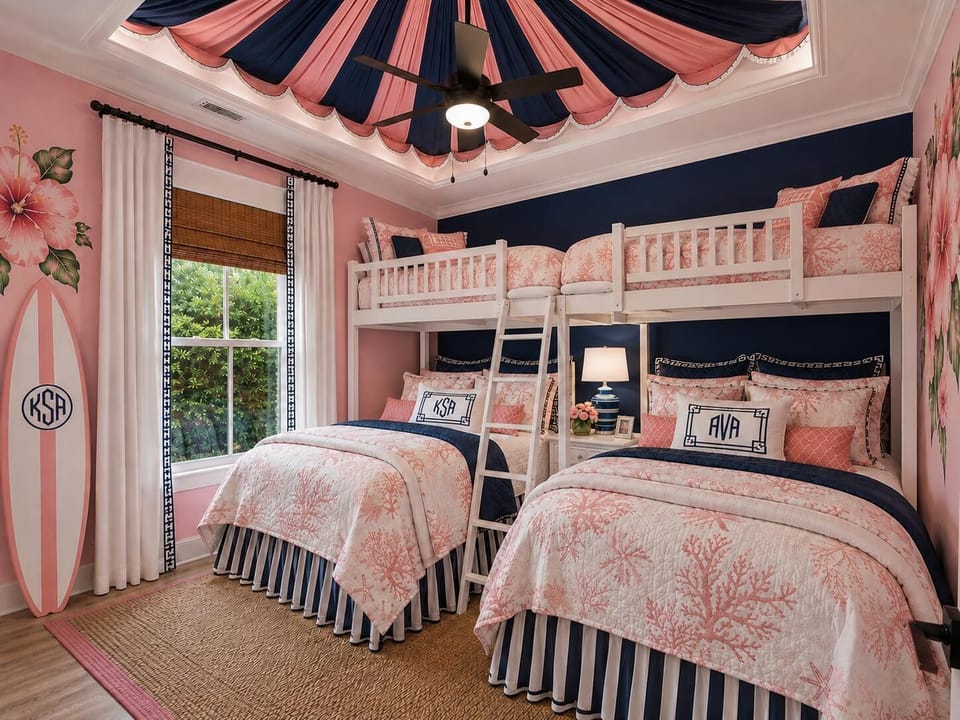 Bunk bedroom with coral and navy bedding, white ladder, striped bedskirts, and scalloped fabric ceiling.