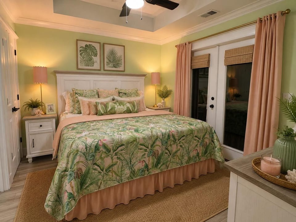 King bedroom with tropical leaf bedding, soft pink curtains, woven shades, and warm bedside lamps.