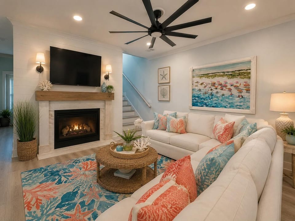 Living room with white sectional, coral and blue patterned pillows, wicker coffee table, and gas fireplace.