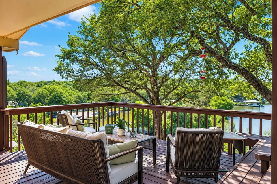 Furnished deck seating with peaceful Lake Granbury views.