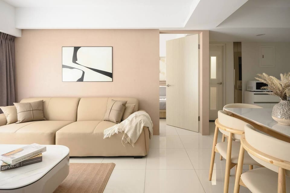 Comfortable & Stylish Living Room: • 75" Smart TV & TV Channels • Comfy Sofa • Coffee Table • Open Space with Kitchen & Dining Area