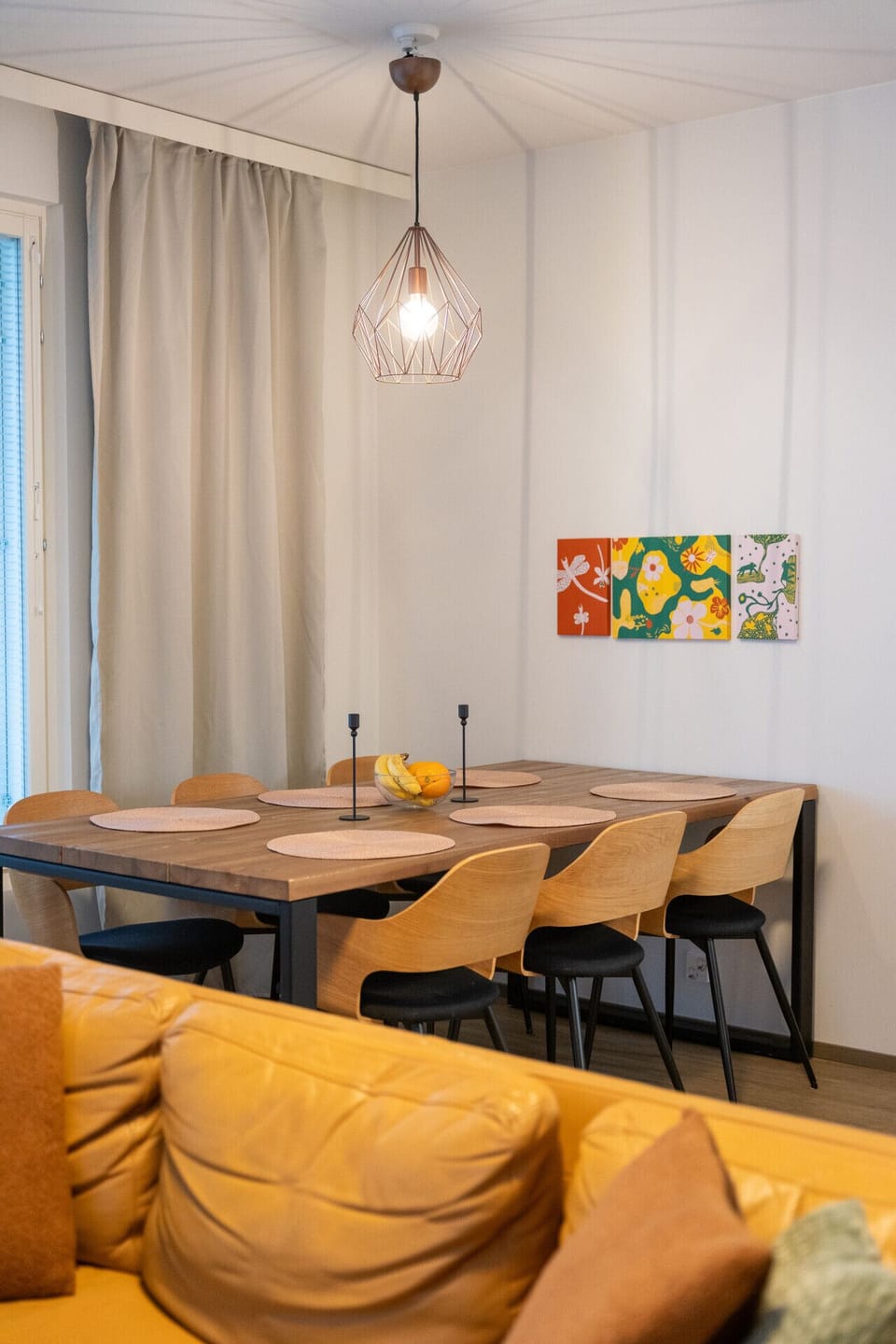 The dining table seats 6