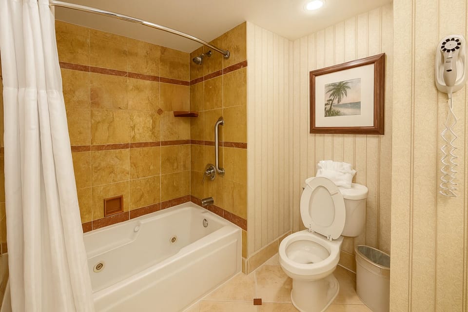 Enjoy a spa-like soak with a deep tub and warm lighting.