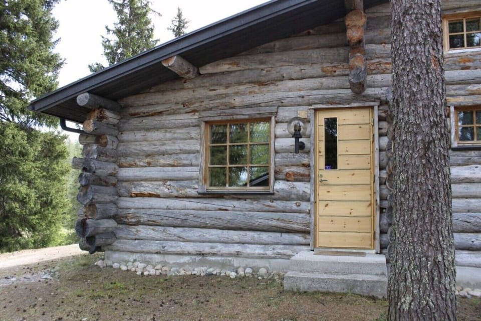 The log facade and wooden entrance door seen from the yard in summer.