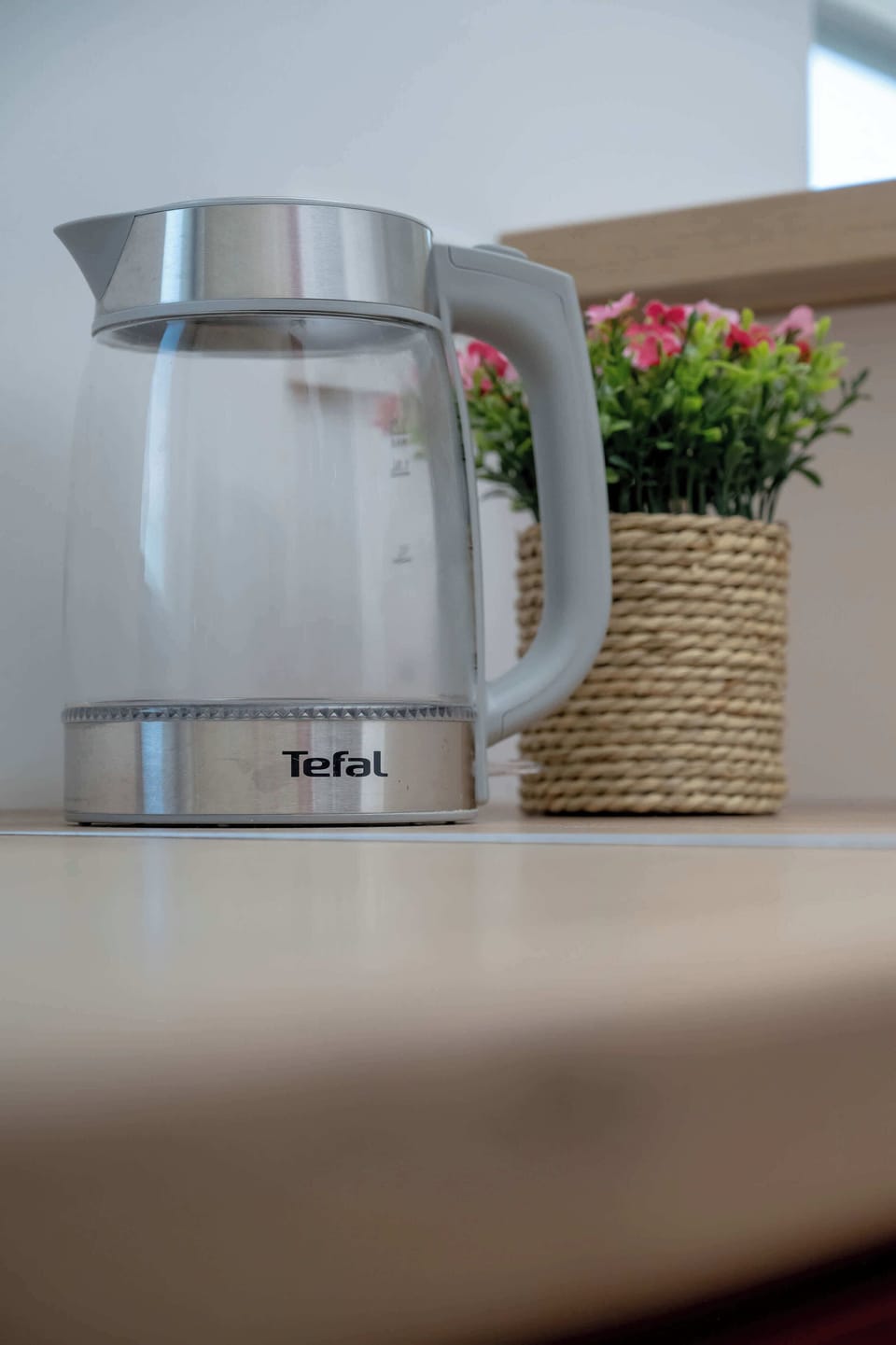 Close-up of a modern kitchenette countertop with an electric kettle, a wooden backsplash and a small decorative plant.