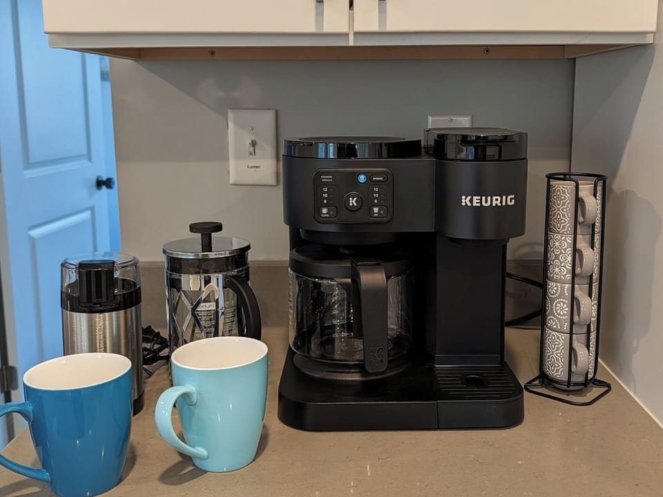 Whether you need a little coffee or a lot, we have you covered! K-cups, coffee beans, and grinder provided! 