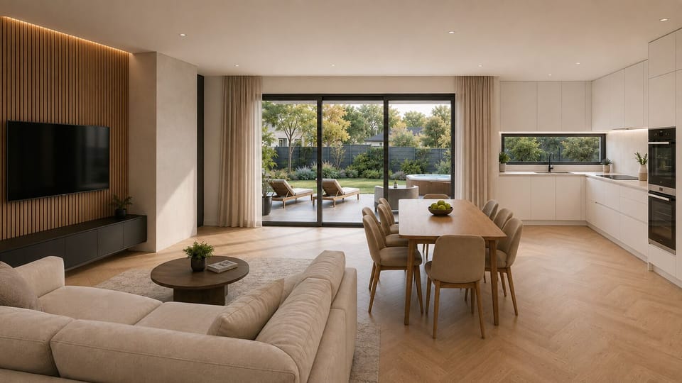 Bright modern living with sleek kitchen and private patio retreat