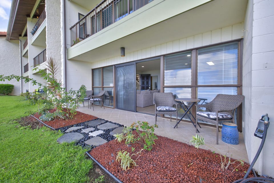 Thoughtfully landscaped front lanai and easily flows from living room to outdoor space