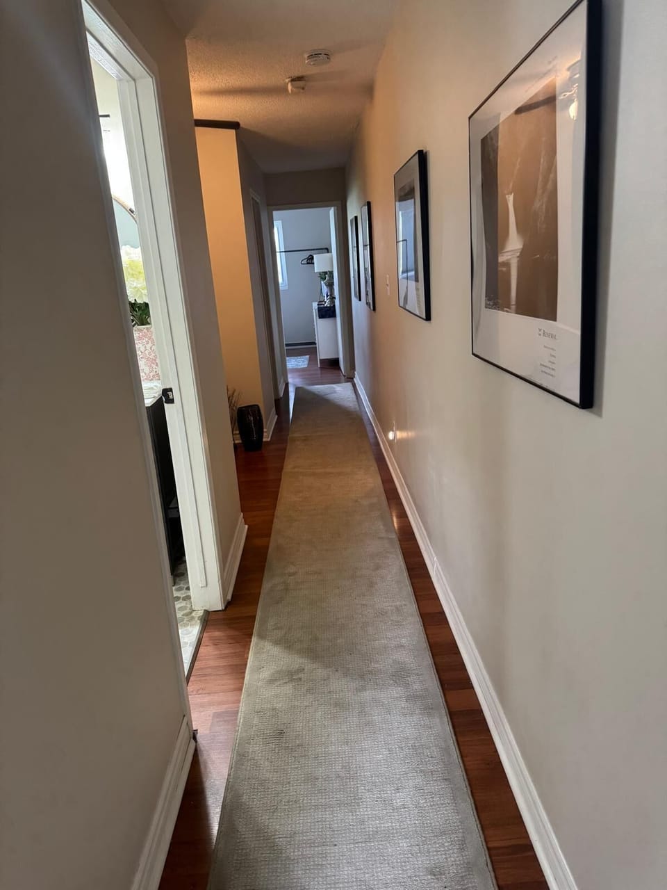 Bright hallway with warm flooring, framed art, and clean modern style