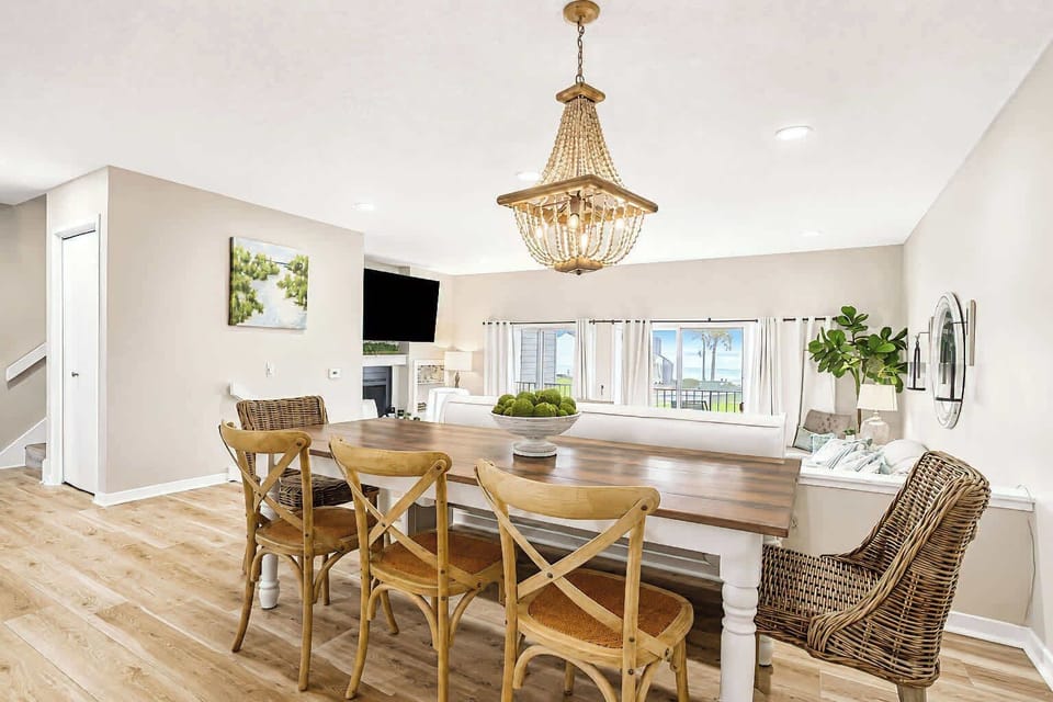 Dining area with lake views and seating for eight