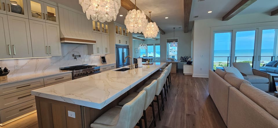 Kitchen with seating for 7 at the island. 