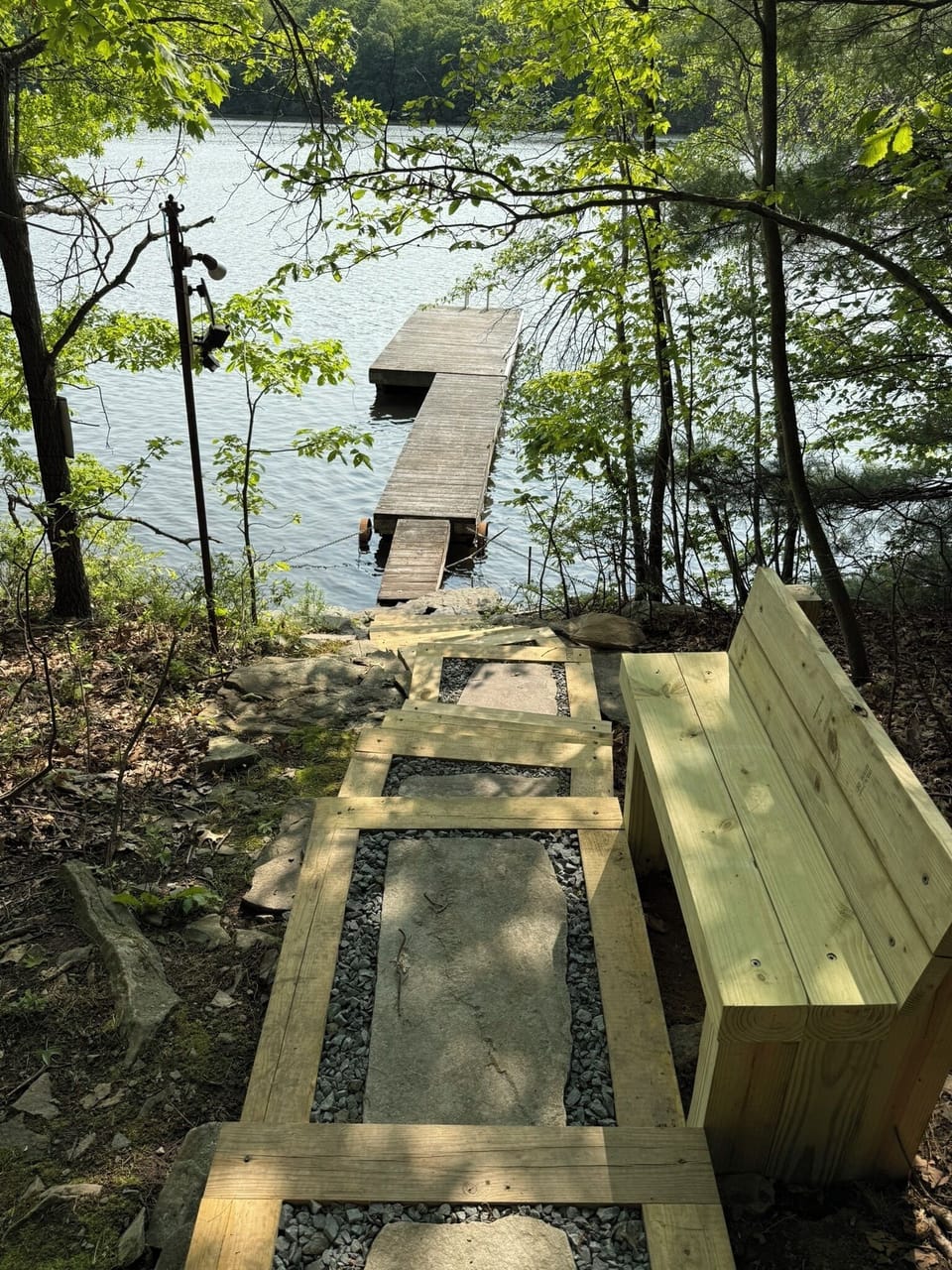 New Walkway to the lake with handrails and benches