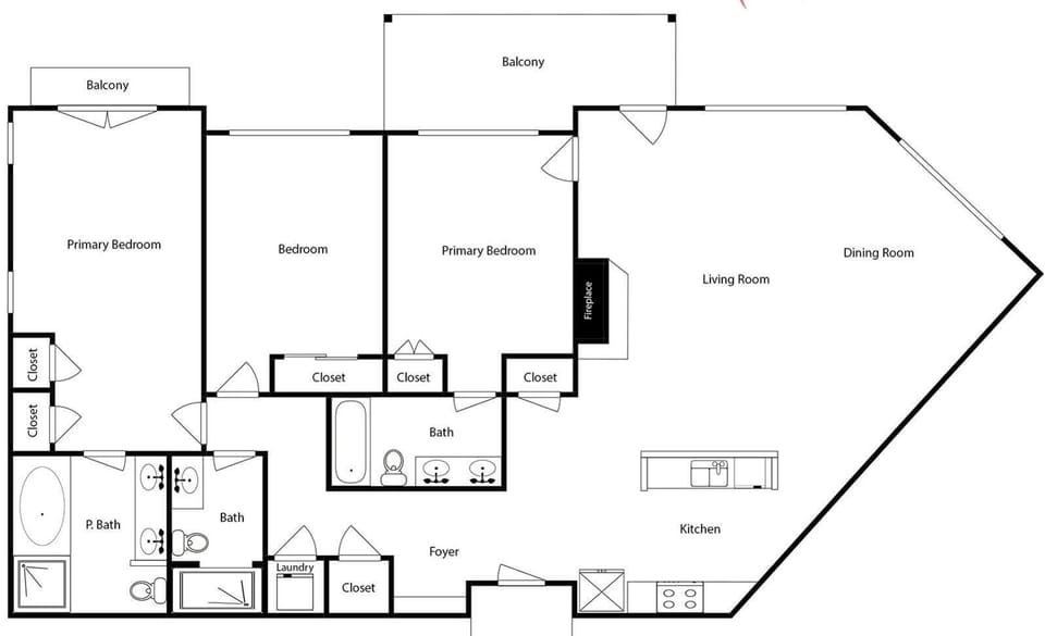 Detailed floor plan showcasing three bedrooms, multiple bathrooms, a spacious kitchen, and combined living and dining areas with dual balconies—your home base for relaxation and adventure.