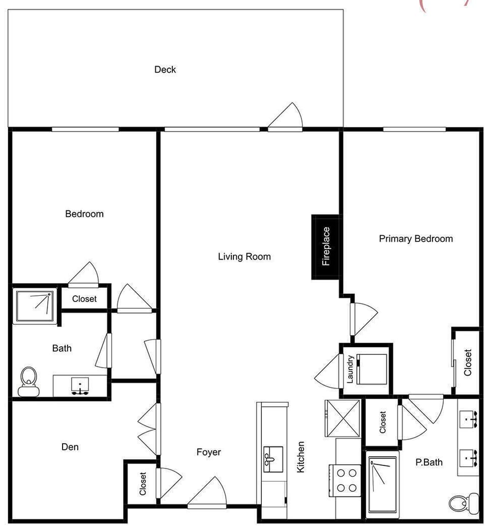 The open layout offers a spacious primary suite with private bath, plus a second bedroom and den for flexibility—ideal for families or groups seeking extra space.