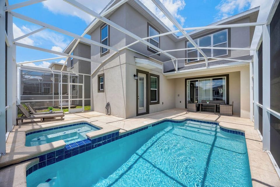 Private pool + hot tub, sun loungers and seating area