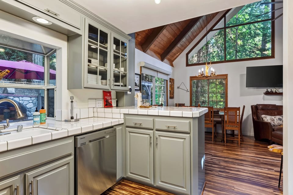 Kitchen overlooking the open living and dining area.