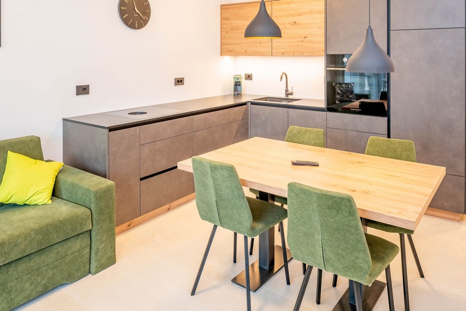 Open kitchenette with induction hob and oven