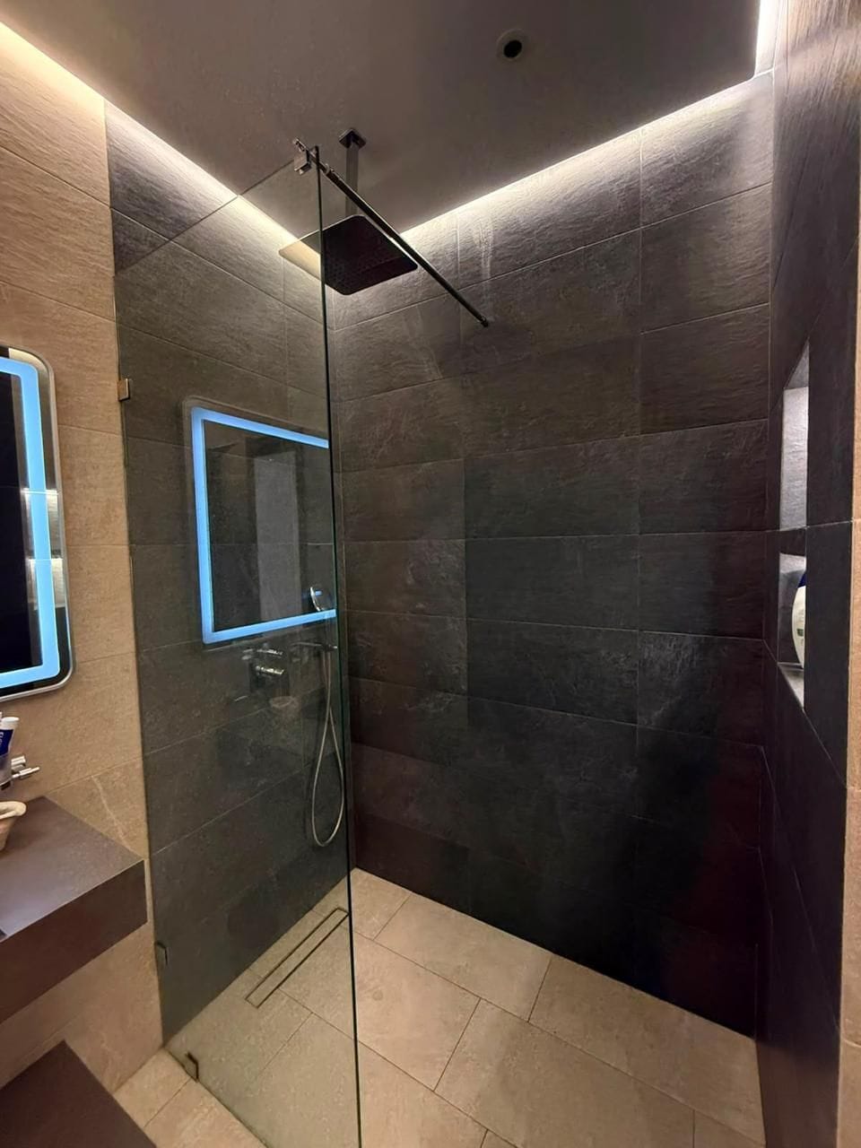 Spa-style walk-in rain shower with sleek lighting and modern finishes