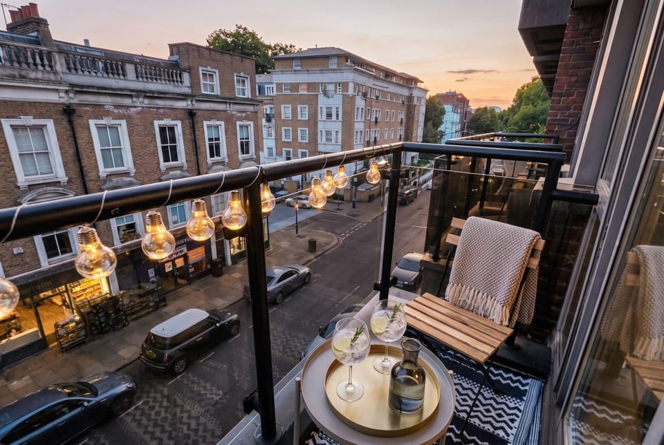 The balcony faces the terraced houses and street at dusk.