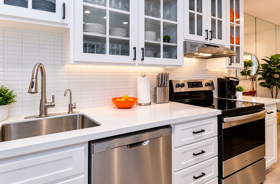 Farmhouse sink & subway tile in bright white kitchen