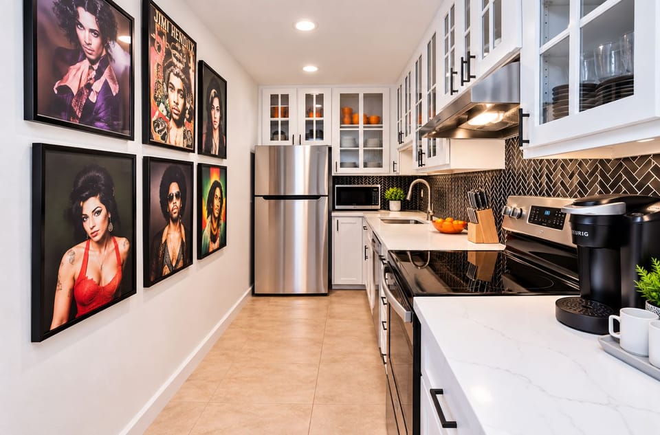 Bold portrait art adds flair to modern white kitchen