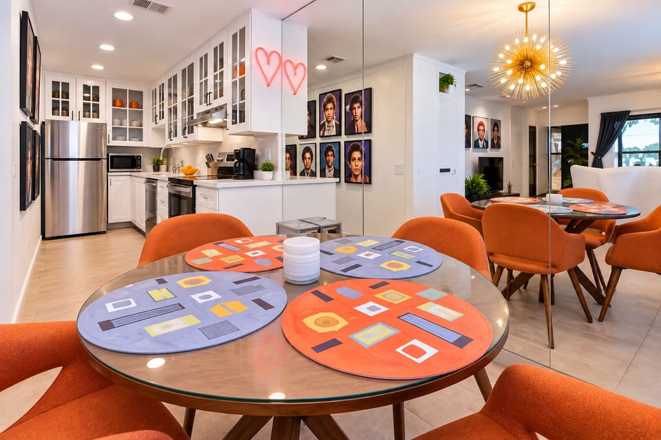 Playful patterned table with view into open kitchen