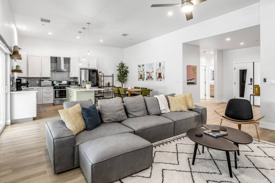 A cozy corner for movie nights, just off the open kitchen