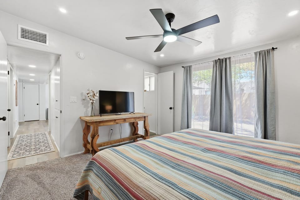 Comforts include a TV and ceiling fan.