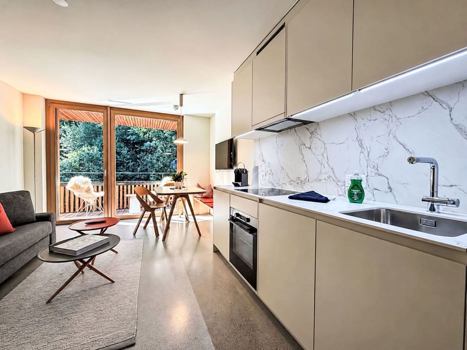 Interior Design, Kitchen, Furniture, Flooring, Countertop, Wood, Floor, Kitchen Appliance, Ceiling, Room