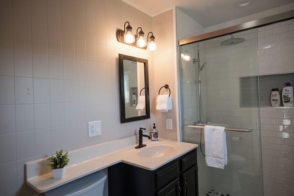 Walk-in glass shower in the main house
