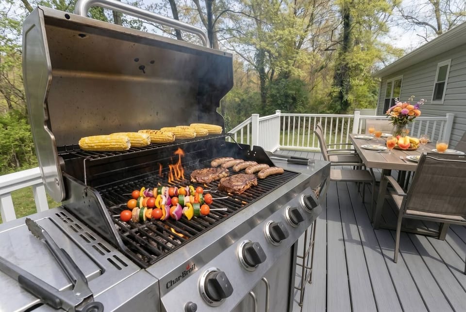 Spacious backyard deck with grill, dining setup, and peaceful wooded views