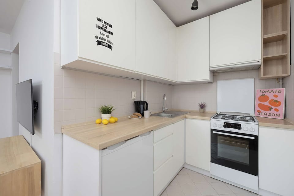 A wall-mounted TV and sofa bed are visible in this bright studio interior. Large windows provide plenty of natural light and make the space feel open.