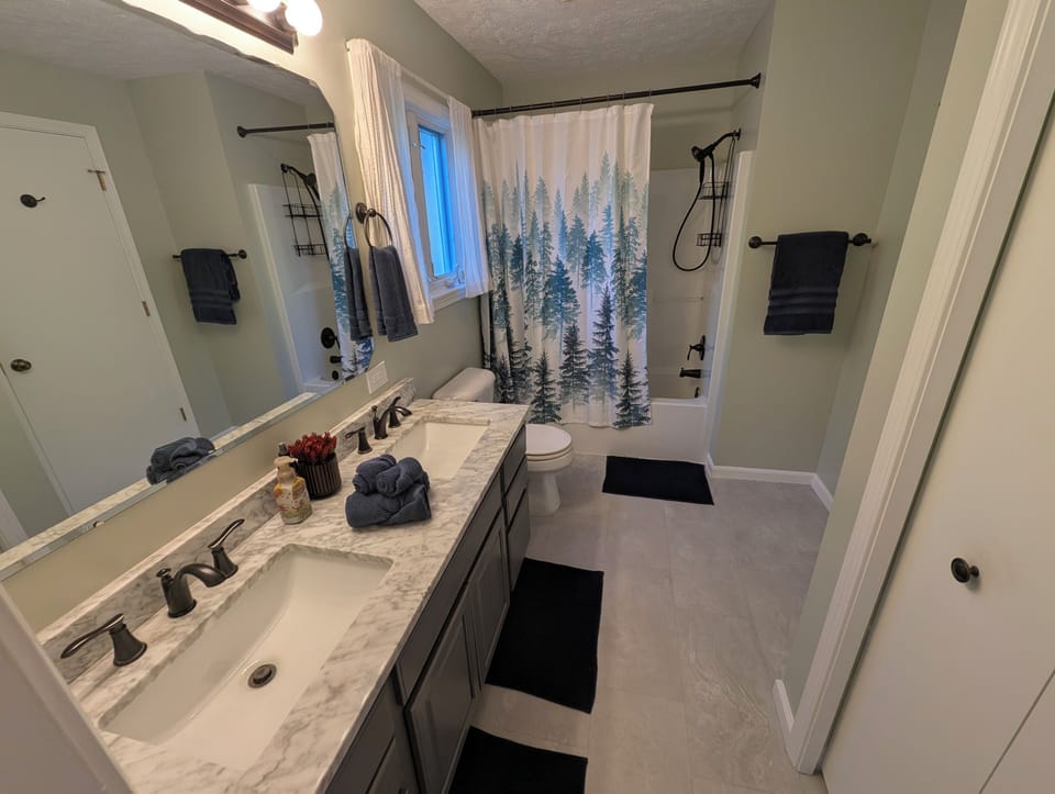 Bright double-vanity bathroom with tub/shower and modern finishes