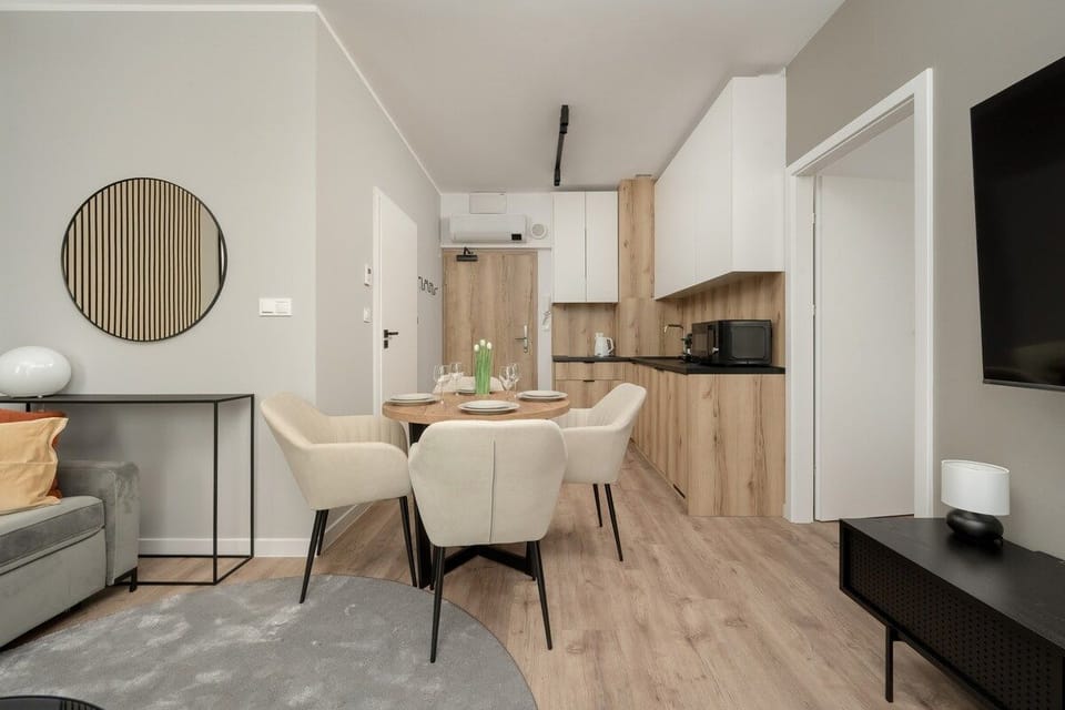 Living room with kitchenette.
