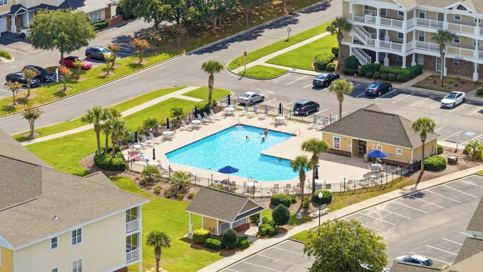 Spend warm afternoons cooling off in the outdoor pool surrounded by palm trees and lounge seating.