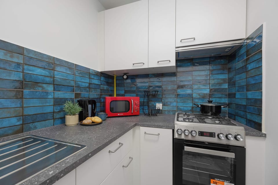 The kitchen's contemporary decor complements the apartment's style.