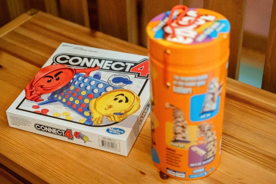 Connect Four and travel games ready for rainy-day fun.