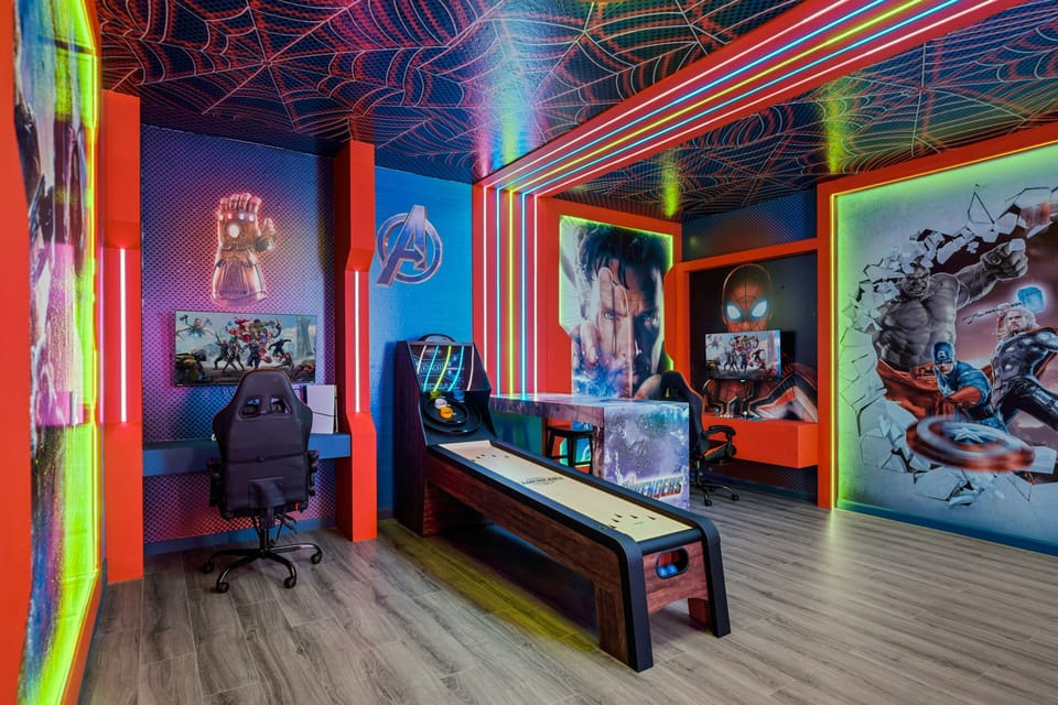 Calling all heroes! This jaw-dropping Avengers arcade surrounds players with brilliant color, illuminated character walls, gaming stations and an arcade-style lane game. Good luck convincing the kids to leave for the parks!