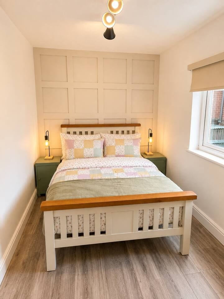 Bright, cozy bedroom with feature wall, warm lighting, and stylish finishes