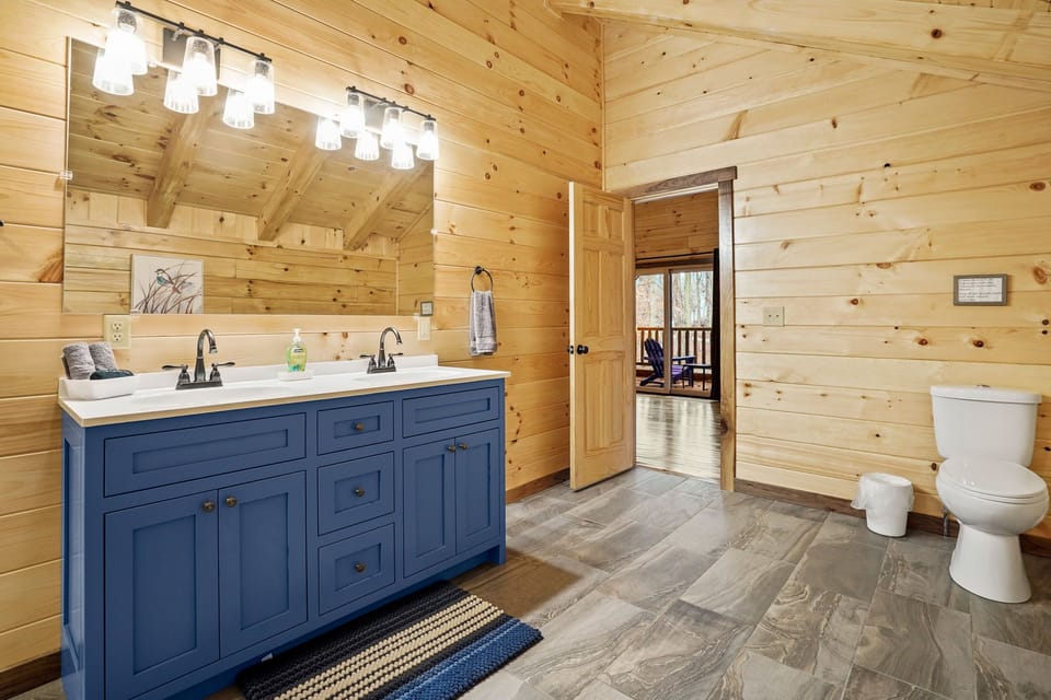 Bathroom with blue double vanity