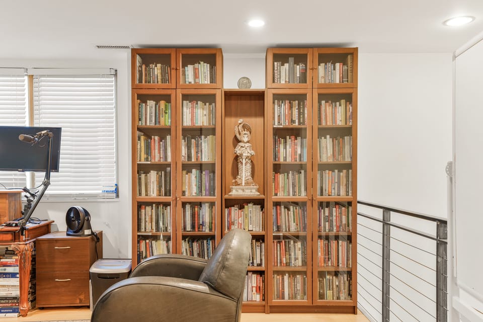 Furniture, Bookcase, Person, Couch, Screen