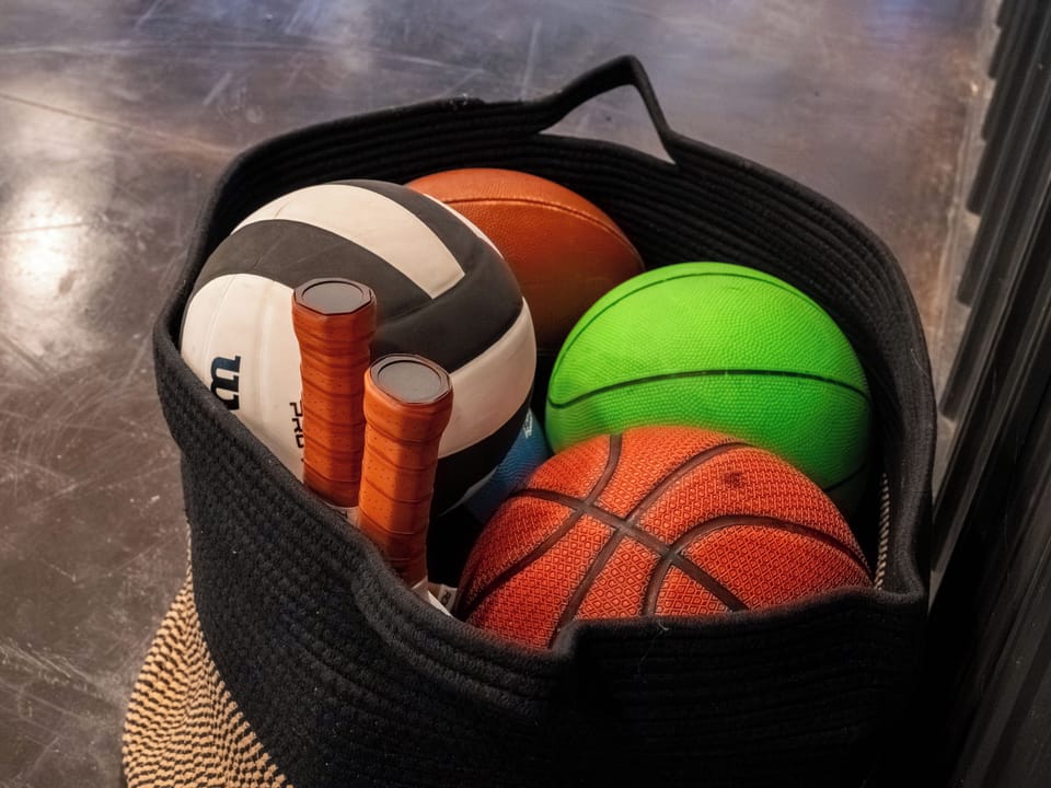 Pickleball gear, ping pong gear, basketballs, volleyball, and football included. 